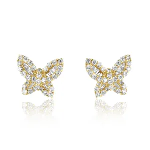 0.55 Carat Baguette and Round Diamond Butterfly Studs in 14K Yellow Gold