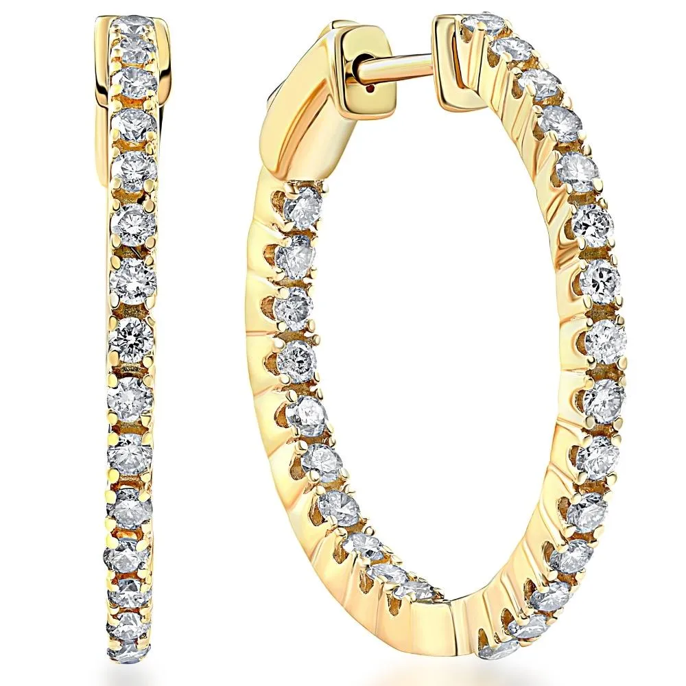 1 Ct TW Diamond Hoops Women's Inside Outside Earrings 1" Tall 14k Gold