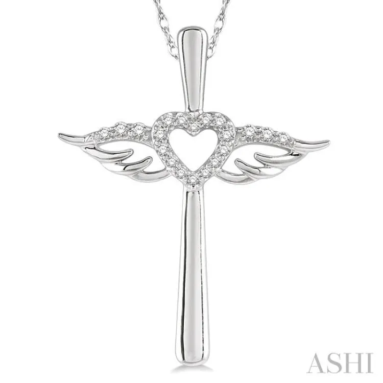 1/10 ctw Angel Wing & Heart Round Cut Diamond Cross Pendant With Chain in 10K White Gold