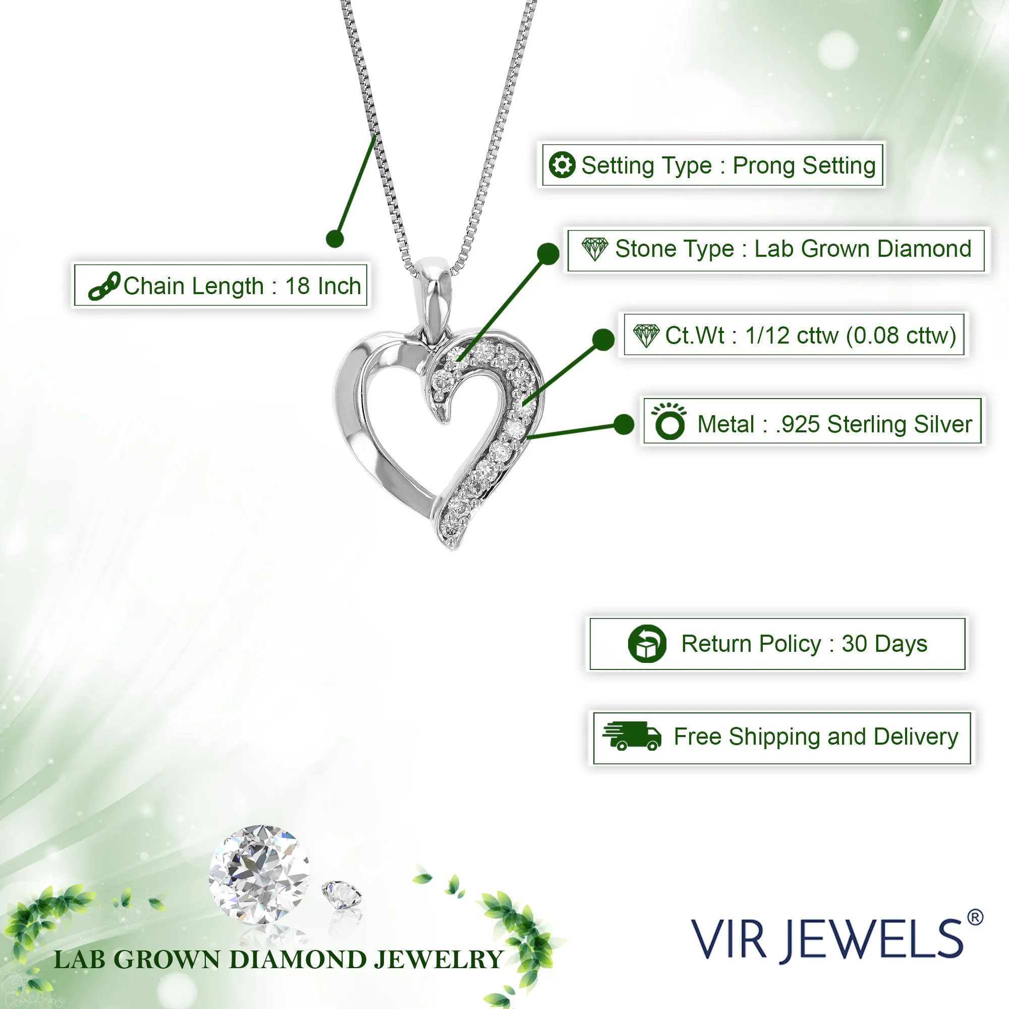 1/12 cttw Lab Grown Diamond Heart Pendant Necklace .925 Sterling Silver 2/5 Inch with 18 Inch Chain, Size 1/2 Inch