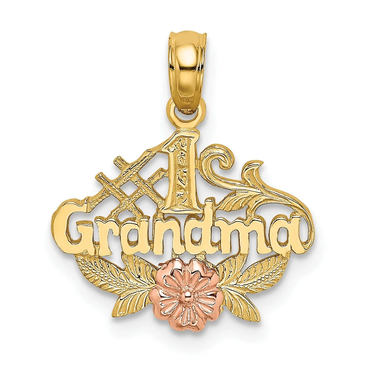 14k Two Tone Gold Textured Polished Finish Script #1 GRANDMA with Flower, Leaf Design Charm Pendant