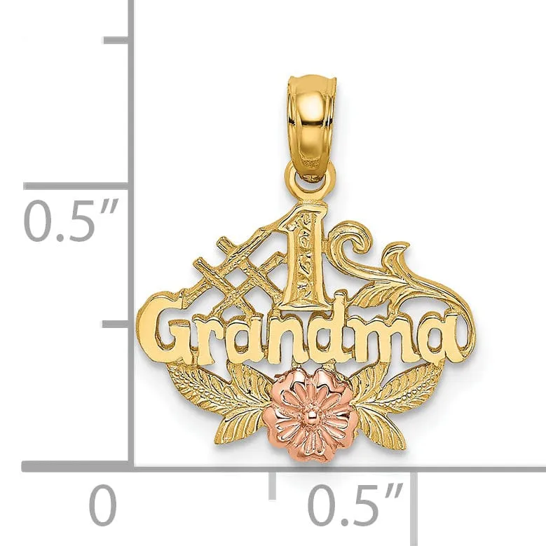 14k Two Tone Gold Textured Polished Finish Script #1 GRANDMA with Flower, Leaf Design Charm Pendant