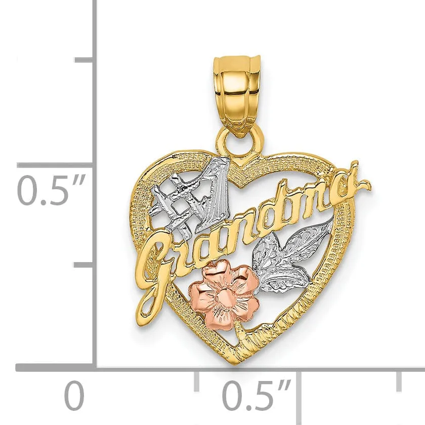 14k Two Tone Gold, White Rhodium Textured Polished Finish #1 GRANDMA In Heart Flower Design Charm Pendant