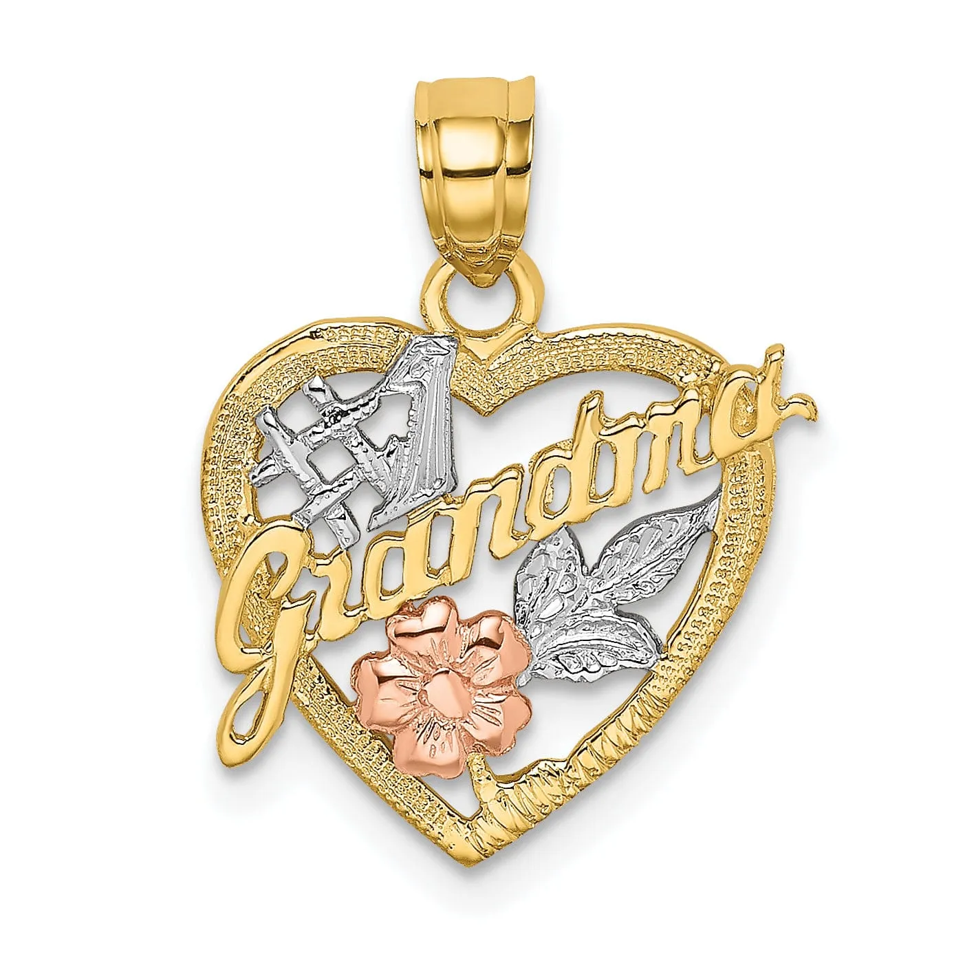 14k Two Tone Gold, White Rhodium Textured Polished Finish #1 GRANDMA In Heart Flower Design Charm Pendant