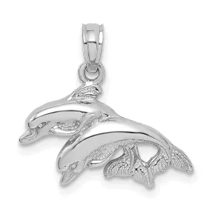 14K White Gold 2-Dimensional Textured Polished Finish Double Dolphins Jumping Left Sided Charm Pendant