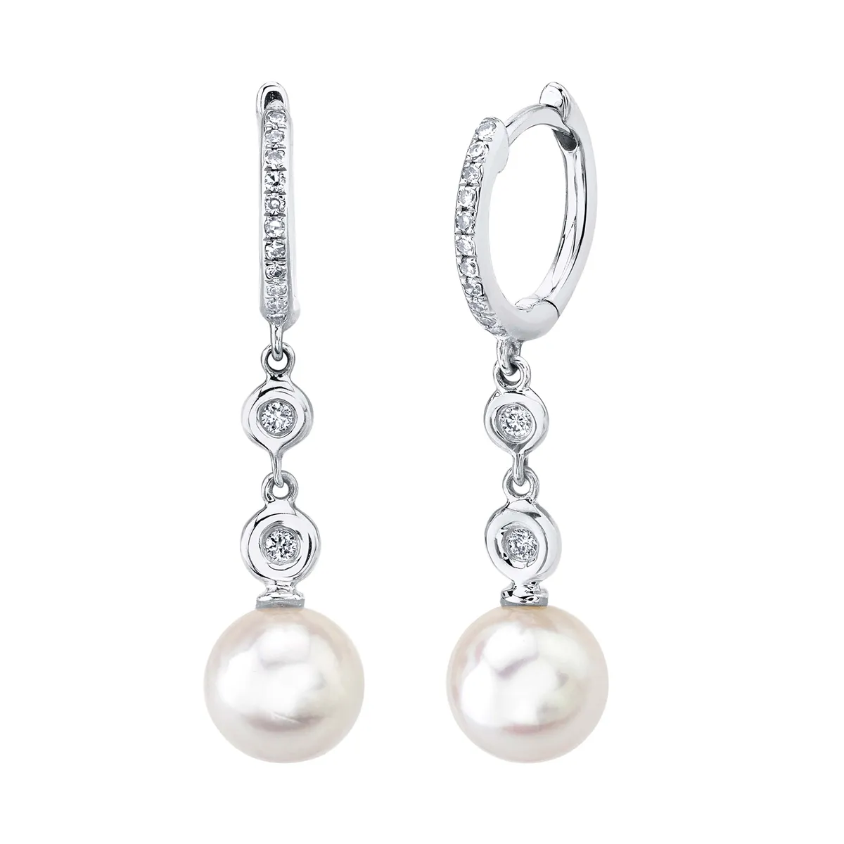 14K White Gold Diamond and Cultured Pearl Earrings