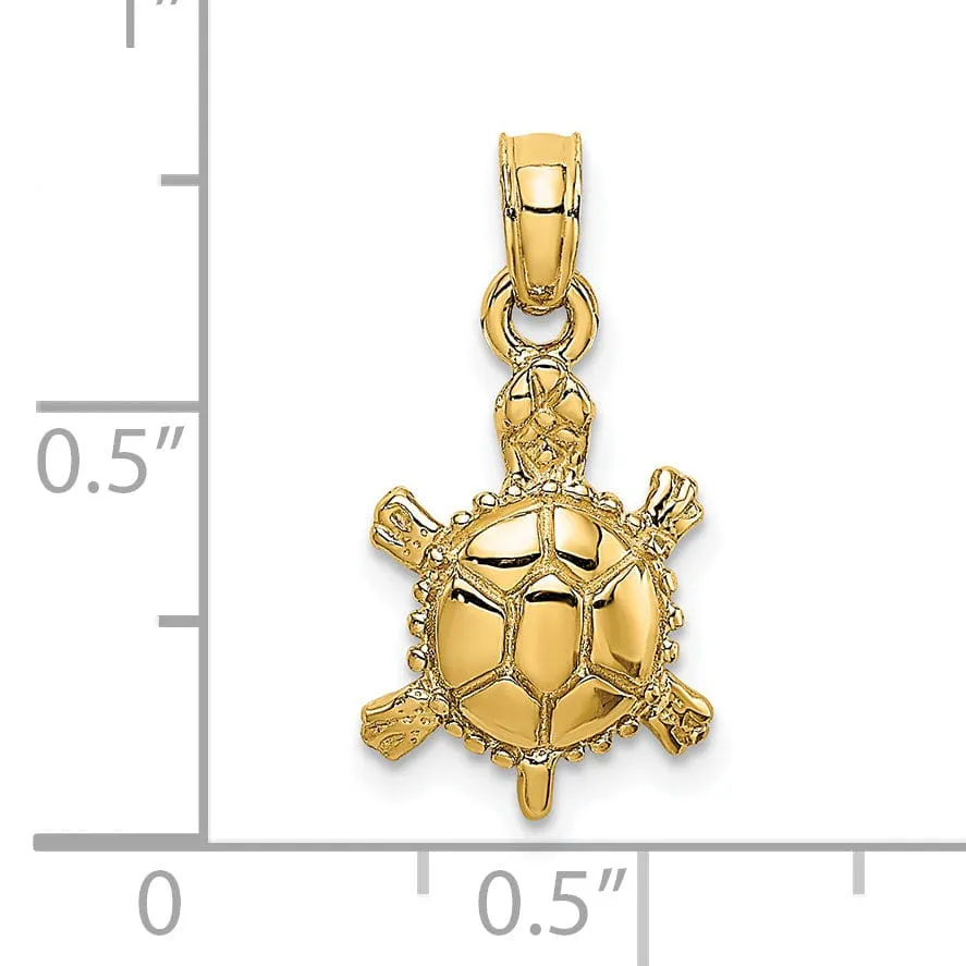 14K Yellow Gold 3D Solid Casted Textured and Polished Finish Land Turtle Charm Pendant