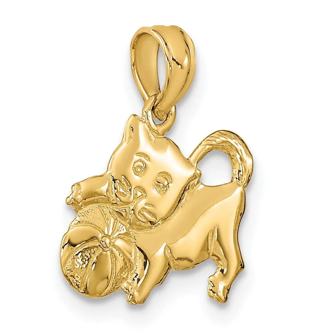 14k Yellow Gold Polished Finish 3-Dimensional Kitten Cat Playing with Ball Design Charm Pendant