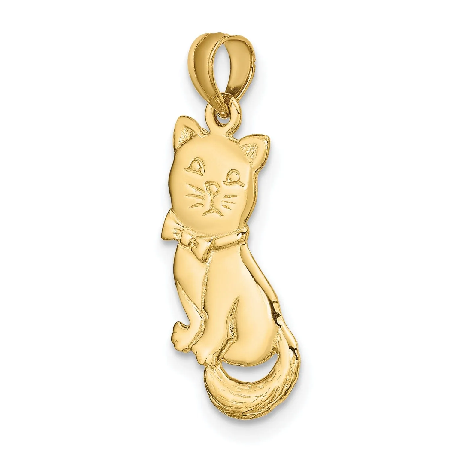 14k Yellow Gold Polished Finish 3-Dimensional Kitten Cat With Bow Sitting Design Charm Pendant