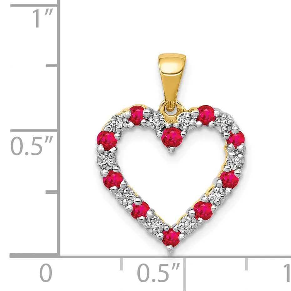 14k Yellow Gold Polished Finish Open Back 0.03-CT Diamond & 0.35-CT Ruby Stones Heart Design Charm Pendant