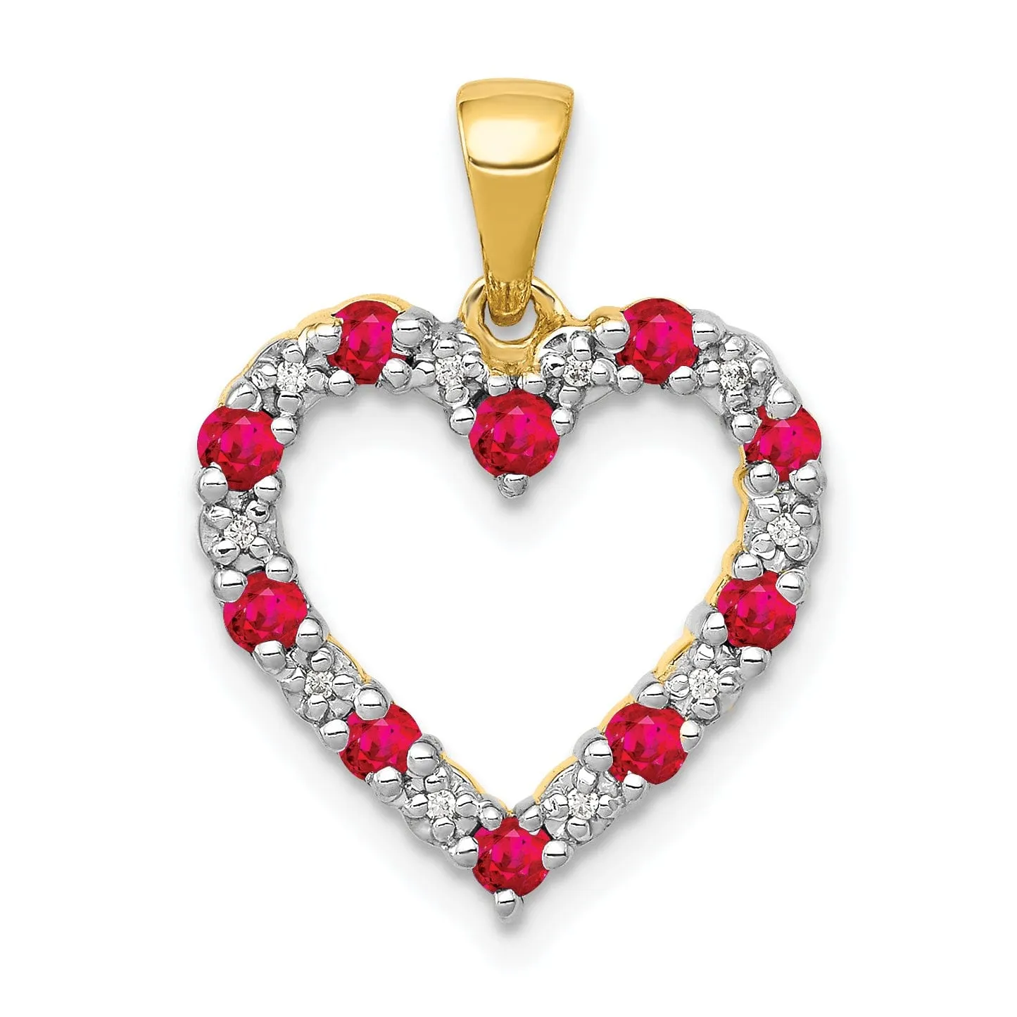 14k Yellow Gold Polished Finish Open Back 0.03-CT Diamond & 0.35-CT Ruby Stones Heart Design Charm Pendant