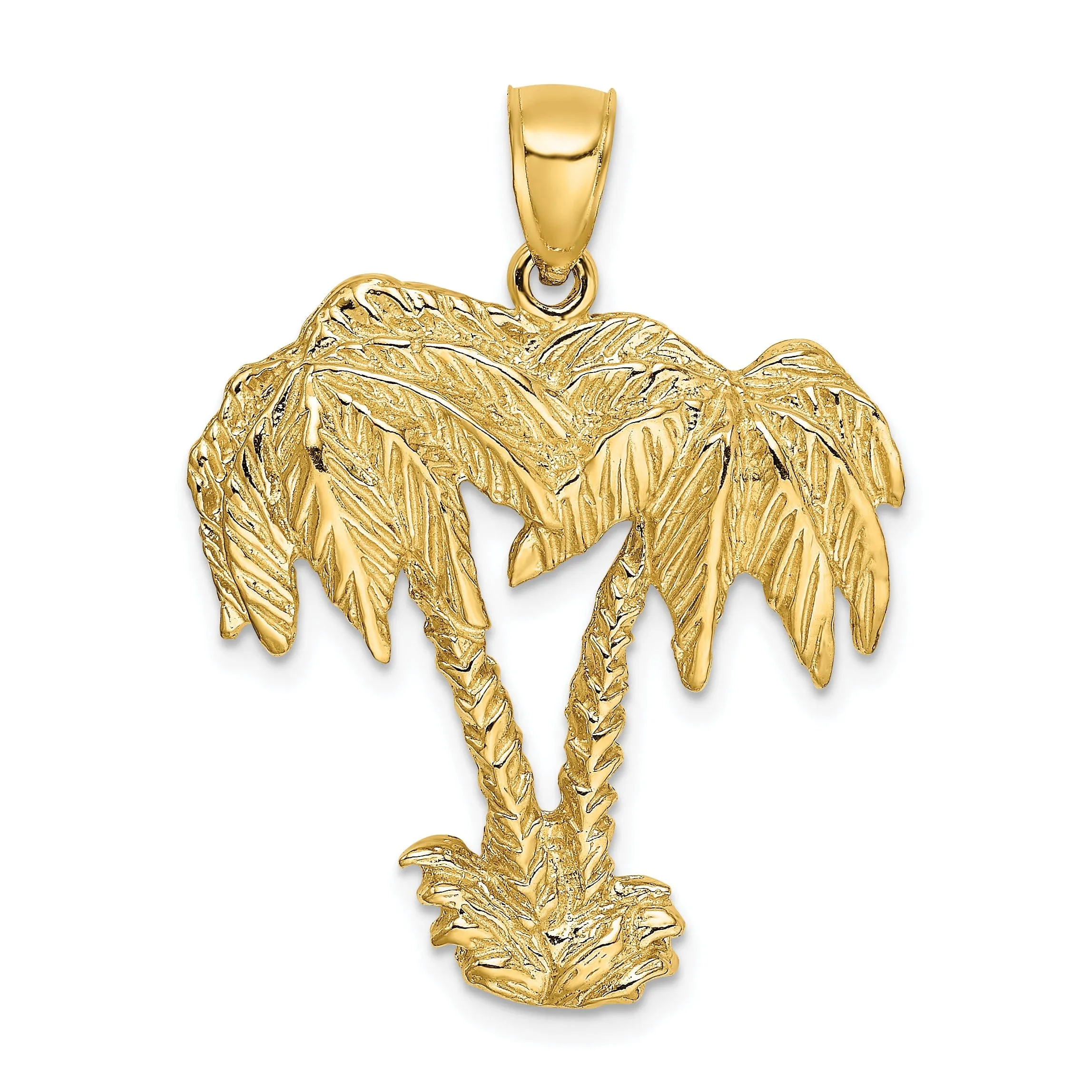 14K Yellow Gold Polished Textured Finish Concave Shape 2-Dimensional Double Palm Trees Design Charm Pendant