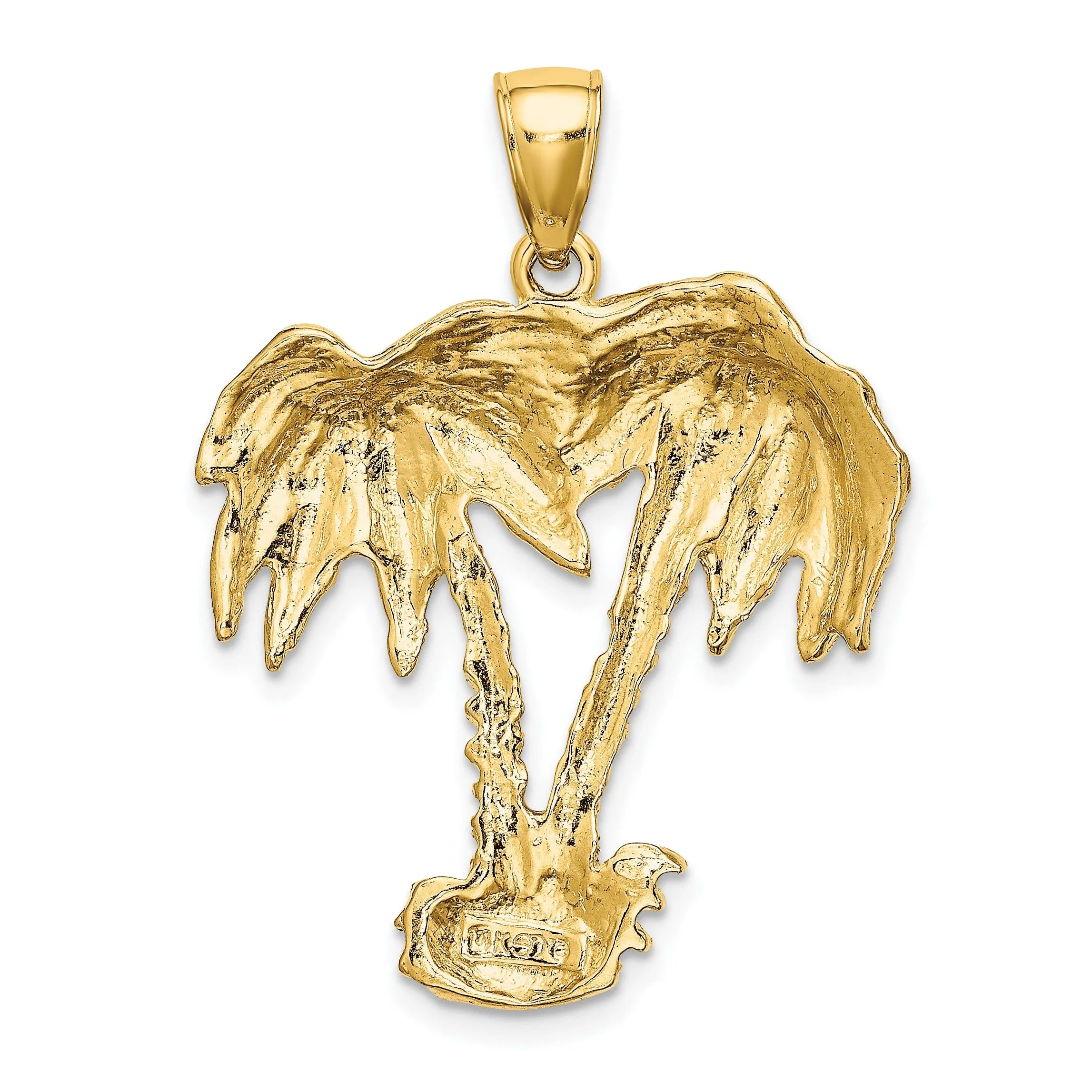 14K Yellow Gold Polished Textured Finish Concave Shape 2-Dimensional Double Palm Trees Design Charm Pendant