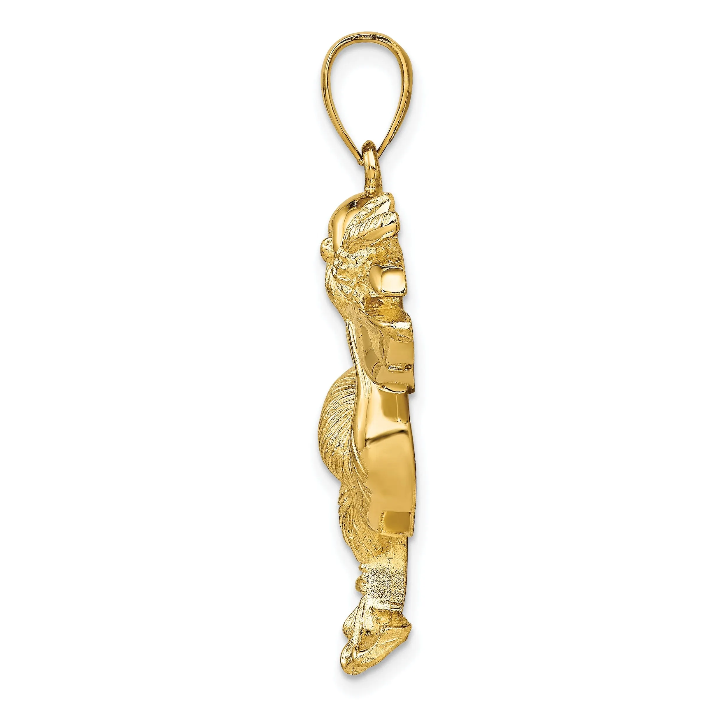 14K Yellow Gold Polished Textured Finish Pelican with Fish In Mouth Charm Pendant