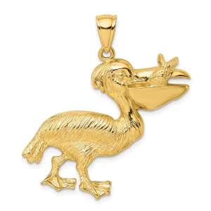 14K Yellow Gold Polished Textured Finish Pelican with Fish In Mouth Charm Pendant