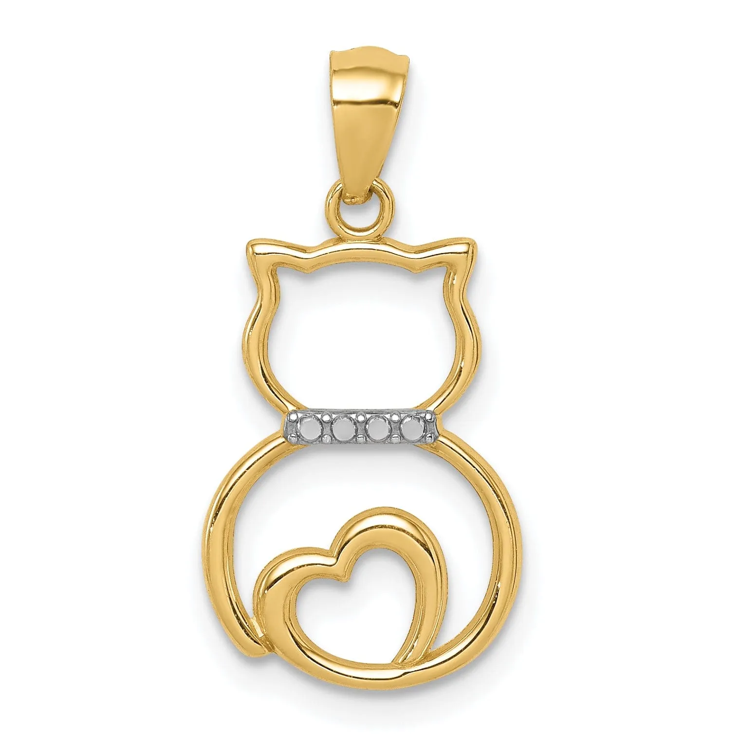 14k Yellow Gold White Rhodium Solid Polished Diamond Cut Finish Sitting Cat Cut Out Design Charm Pendant