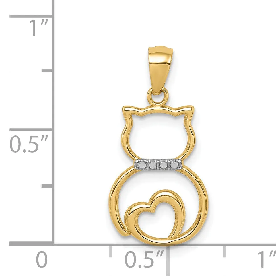 14k Yellow Gold White Rhodium Solid Polished Diamond Cut Finish Sitting Cat Cut Out Design Charm Pendant