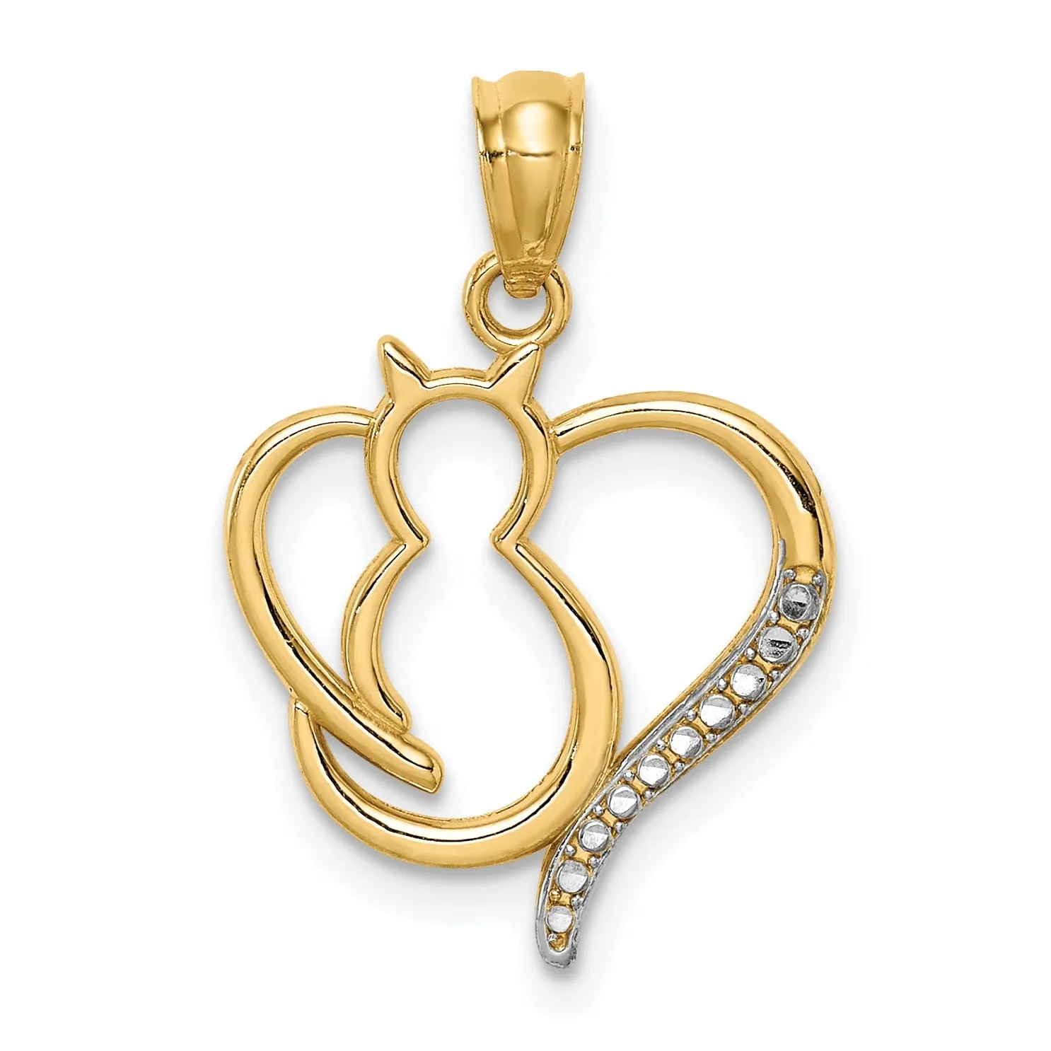 14K Yellow Gold White Rhodium Solid Polished Finish Sitting Cat in a Heart Design Charm Pendant