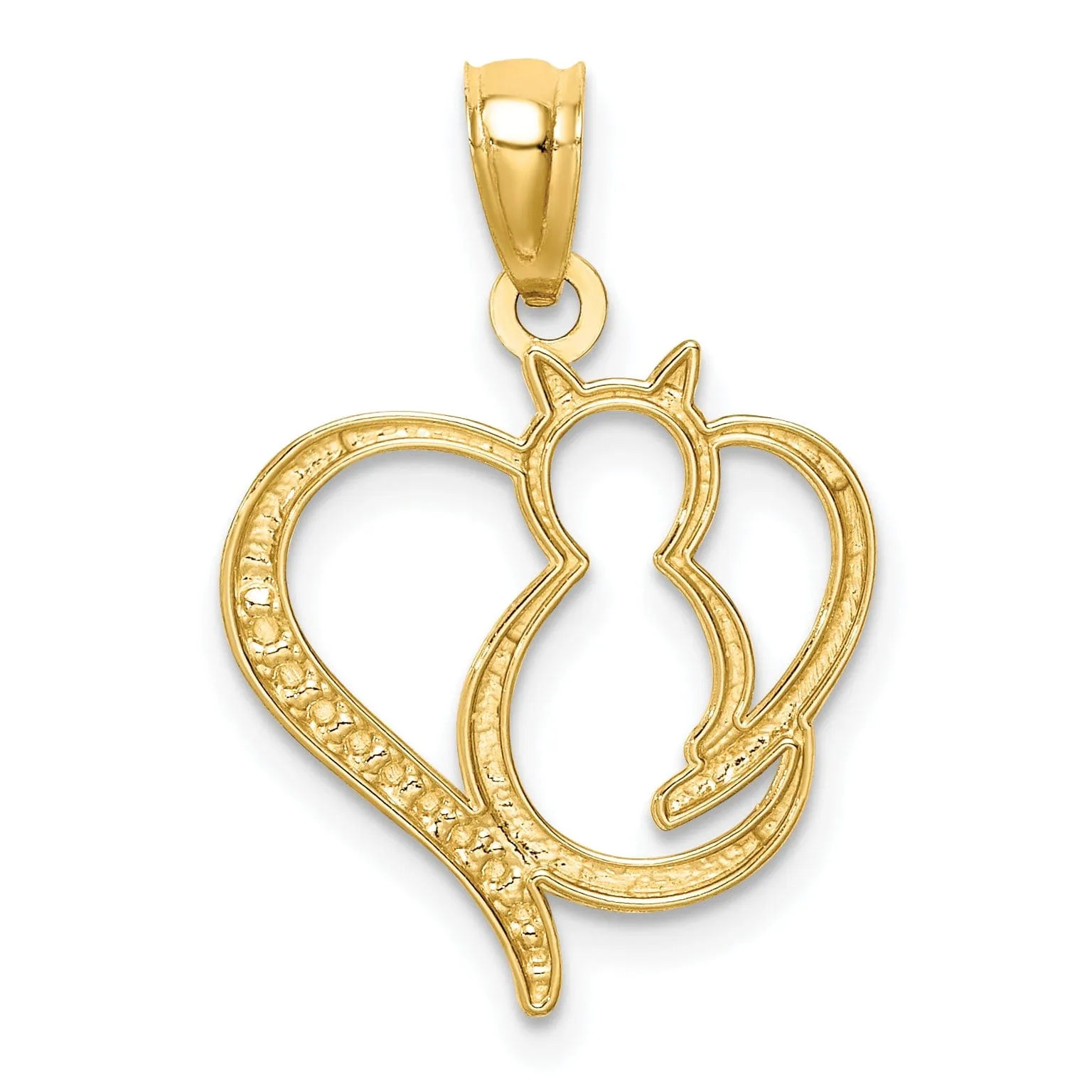 14K Yellow Gold White Rhodium Solid Polished Finish Sitting Cat in a Heart Design Charm Pendant