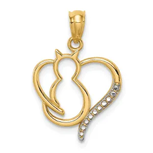 14K Yellow Gold White Rhodium Solid Polished Finish Sitting Cat in a Heart Design Charm Pendant