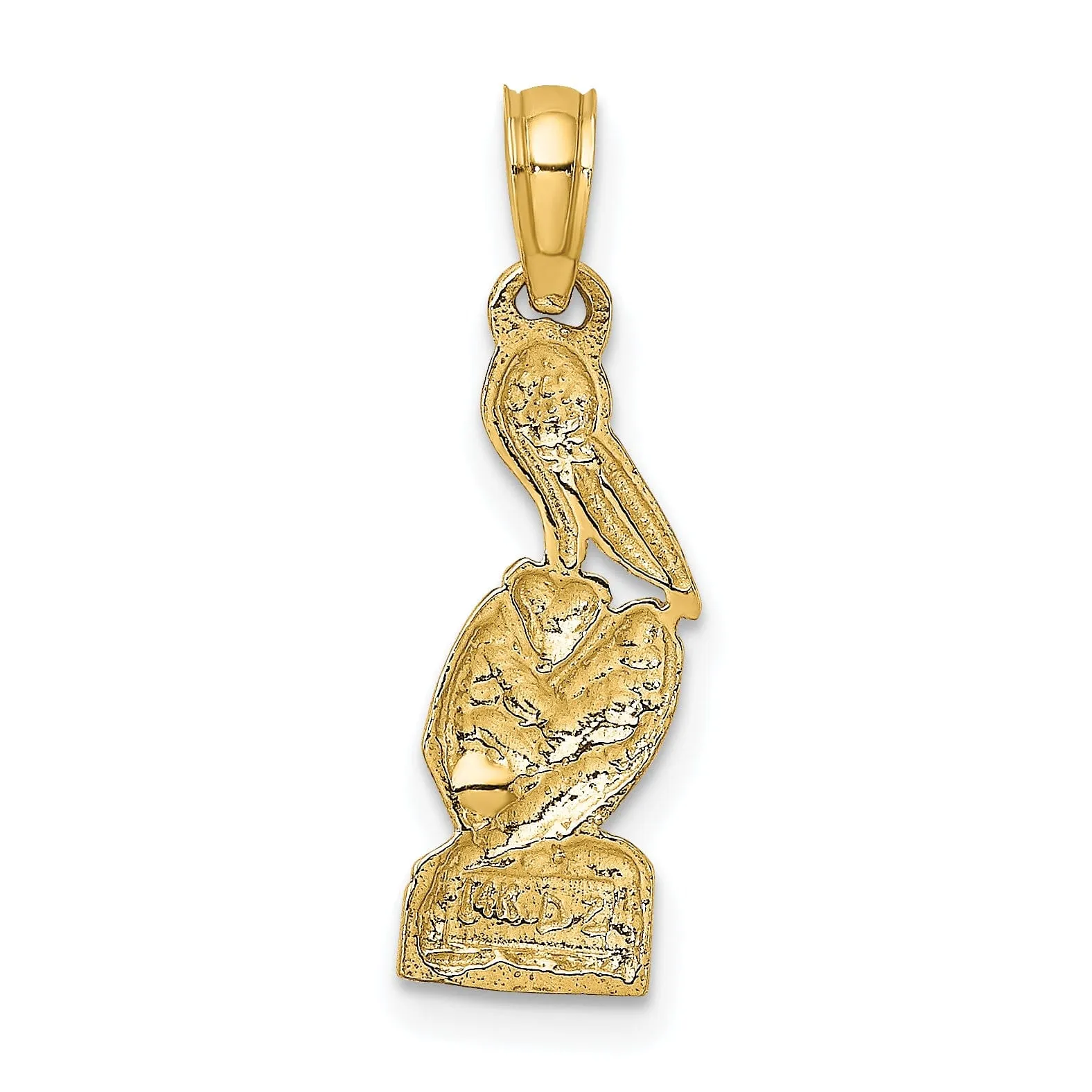 14K Yellow Gold, White Rhodium Texture Polished Finish Pelican Standing on Top Dock Piling Charm Pendant