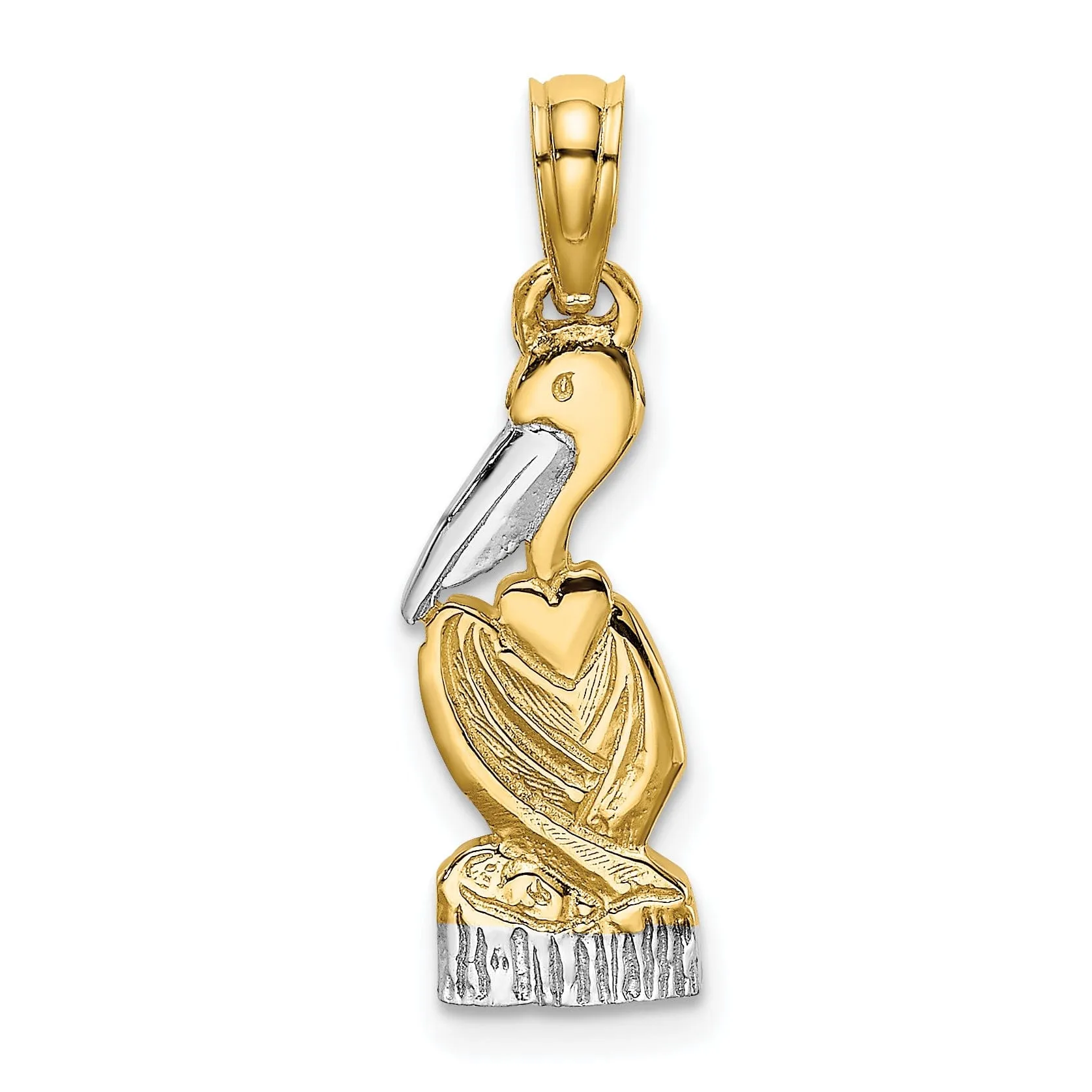 14K Yellow Gold, White Rhodium Texture Polished Finish Pelican Standing on Top Dock Piling Charm Pendant