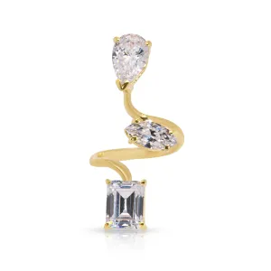 14K Yellow Gold White Topaz Twisted Triple Gemstones Ring