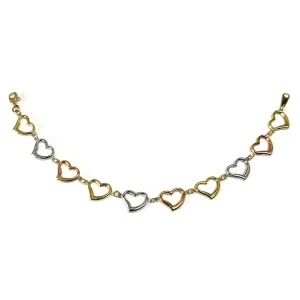 14k Yellow White And Rose Gold Heart Charms Bracelet, 7.5"