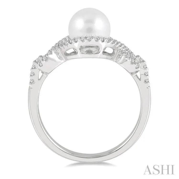 1/5 ctw Twisted Open Lattice 7MM Pearl and Round Cut Diamond Ring in 10K White Gold