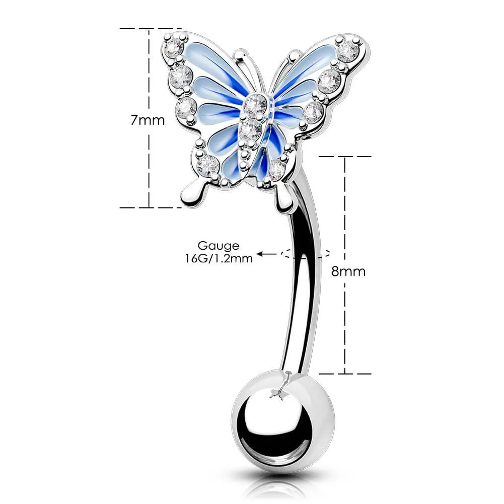 16G Blue Butterfly With CZ Gems Curved Rook Ring