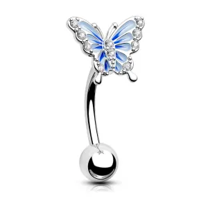 16G Blue Butterfly With CZ Gems Curved Rook Ring