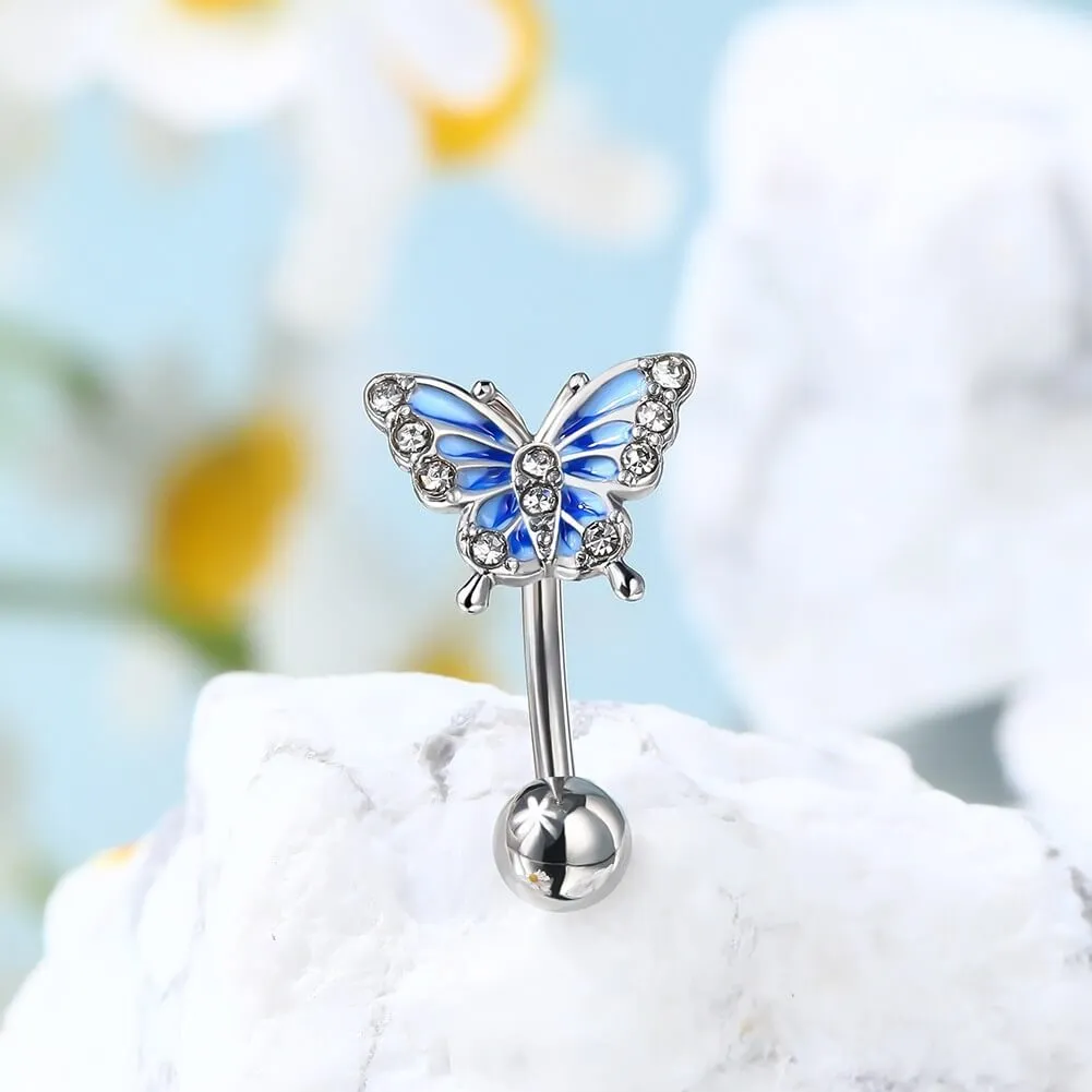 16G Blue Butterfly With CZ Gems Curved Rook Ring