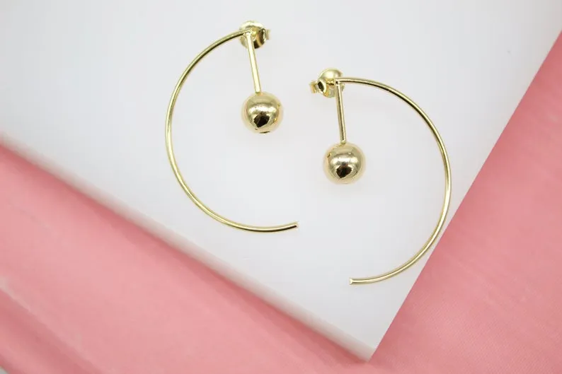 18K Gold Filled Half Circle Hoop Dangle Drop Earrings With Round Ball (L64A)