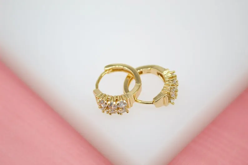 18K Gold Filled Huggies Earrings With Round CZ Cubic Zirconia Stones (STYLE C)