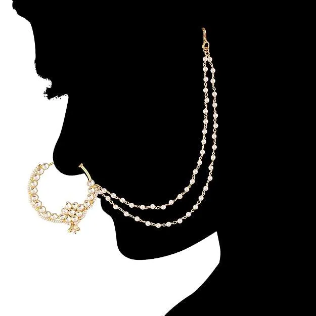 18k Gold-Plated Jadau Pachi Kundan Studded Nose Ring with Support Pearl Chain