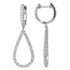 18K White Gold Diamond Open Pear Shape Dangle Hoop Earrings