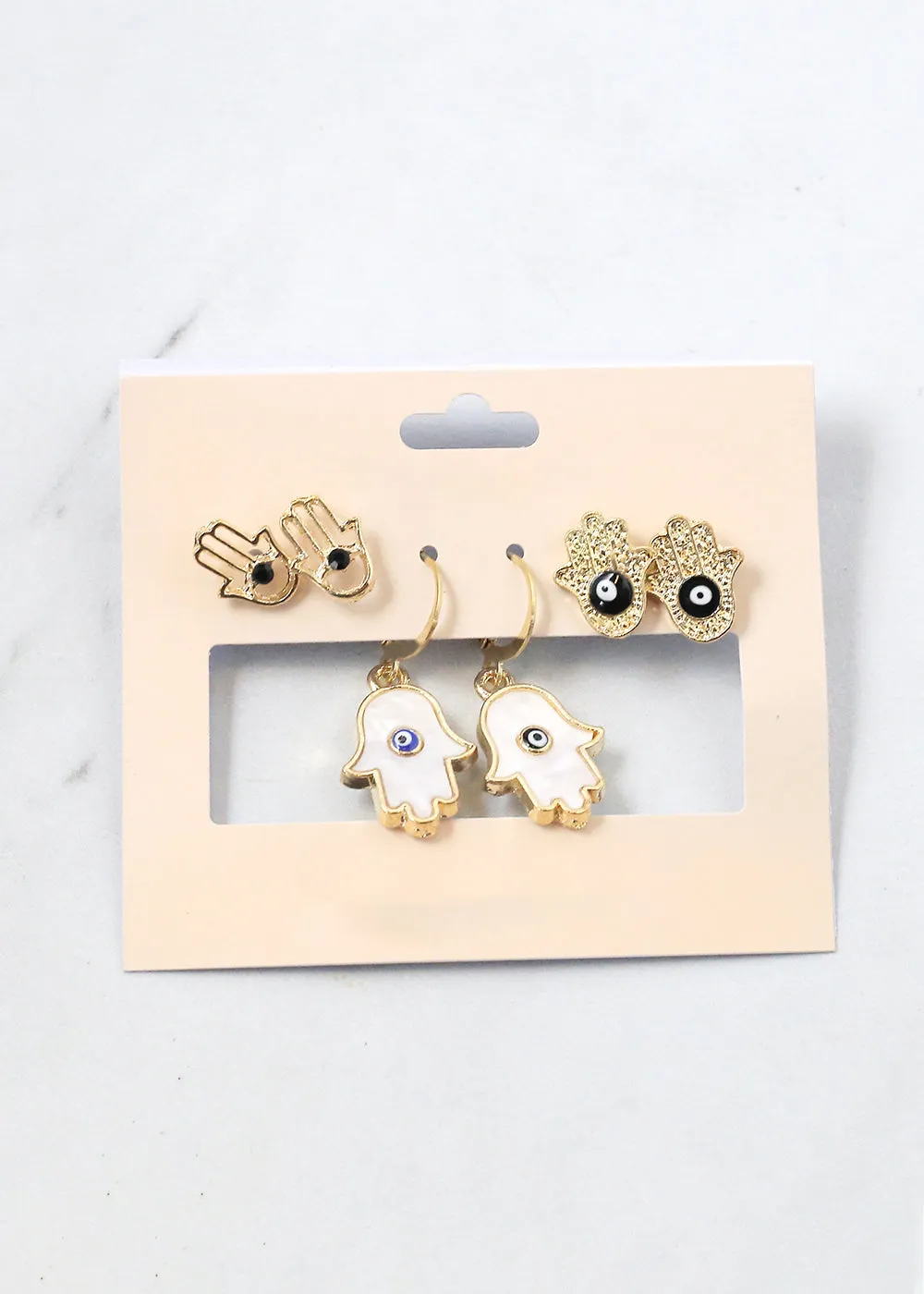 3 Pair Hamsa Hand   Evil Eye Earrings