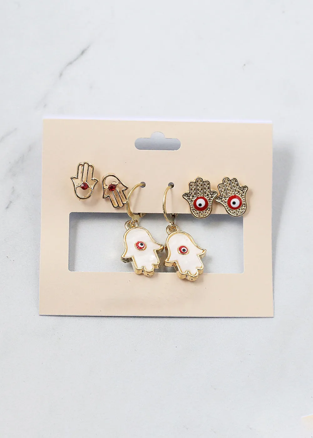 3 Pair Hamsa Hand   Evil Eye Earrings