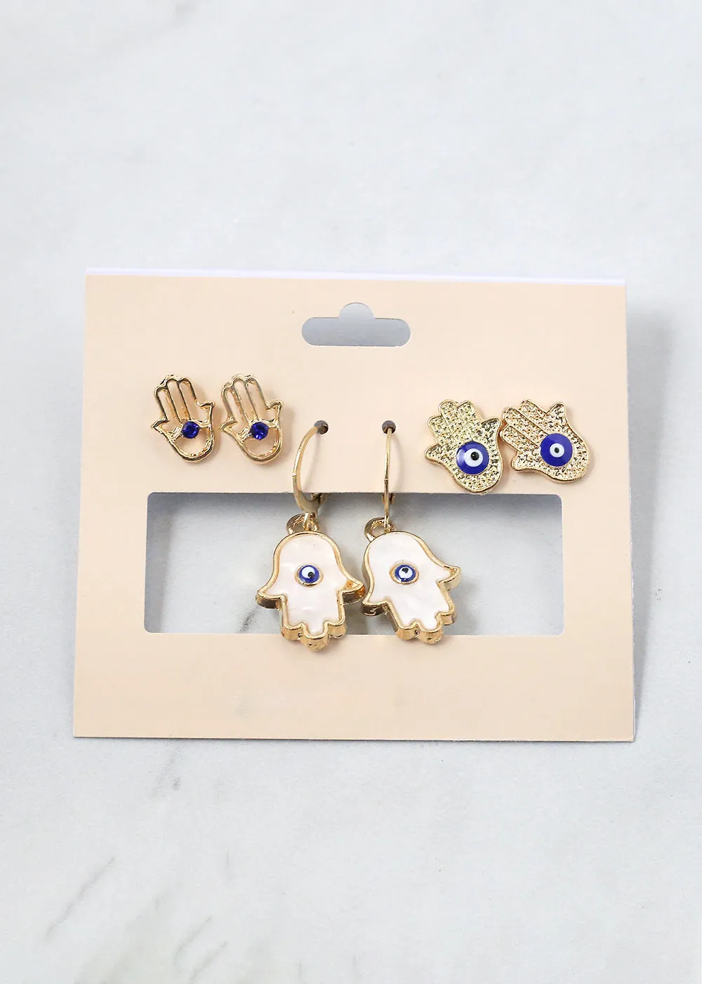 3 Pair Hamsa Hand   Evil Eye Earrings