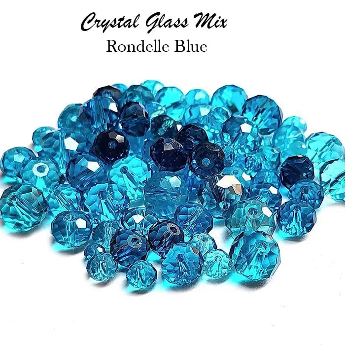 50 Grams Pkg. Aqua Blue shade, Rondelle Faceted Crystal Mix size glass beads Size mostly encluded as 6mm, 8mm, 10mm, to some extent 4mm and 12mm mixed