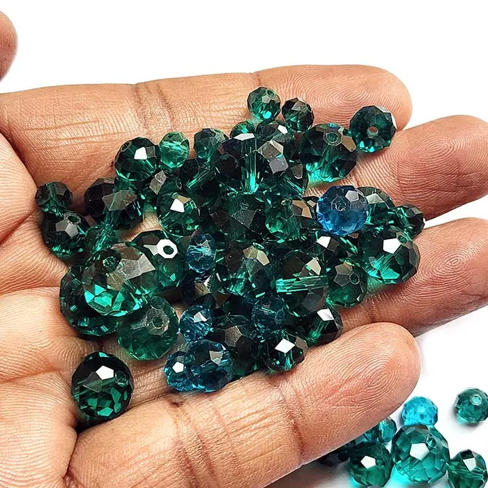 50 Grams Pkg. Teal Color, Rondelle Faceted Crystal Mix size glass beads Size mostly encluded as 6mm, 8mm, 10mm, to some extent 4mm and 12mm mixed