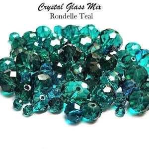 50 Grams Pkg. Teal Color, Rondelle Faceted Crystal Mix size glass beads Size mostly encluded as 6mm, 8mm, 10mm, to some extent 4mm and 12mm mixed