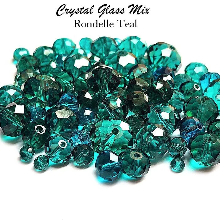 50 Grams Pkg. Teal Color, Rondelle Faceted Crystal Mix size glass beads Size mostly encluded as 6mm, 8mm, 10mm, to some extent 4mm and 12mm mixed