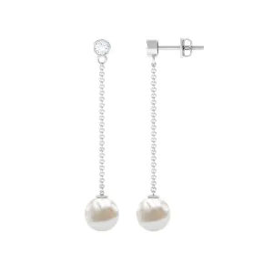 7 MM Freshwater Pearl Drop and Diamond Chain Earrings