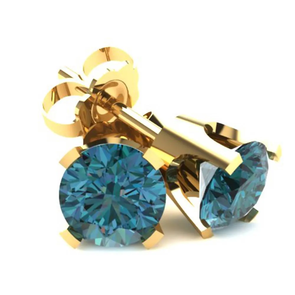 .75Ct Round Brilliant Cut Heat Treated Blue Diamond Stud Earrings in 14K Gold Classic Setting