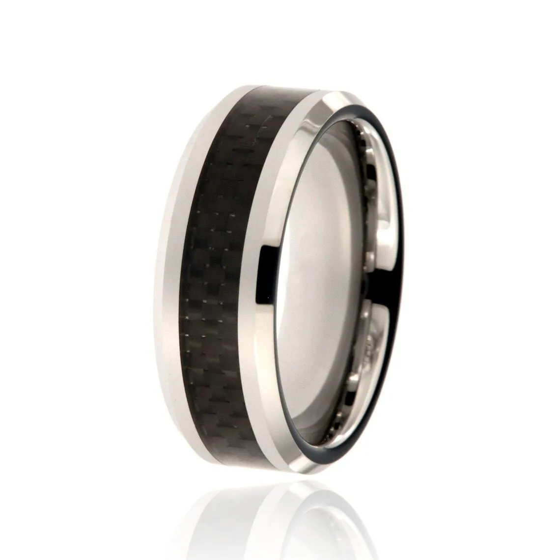 8mm Heavy Tungsten Carbide Men's Ring With Black Carbon Fiber Inlay, High Polish and Beveled Edge - FREE Personalization