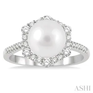 8X8MM Cultured Pearl and 1/3 Ctw Hexagon Shape Round Cut Diamond Ring in 14K White Gold