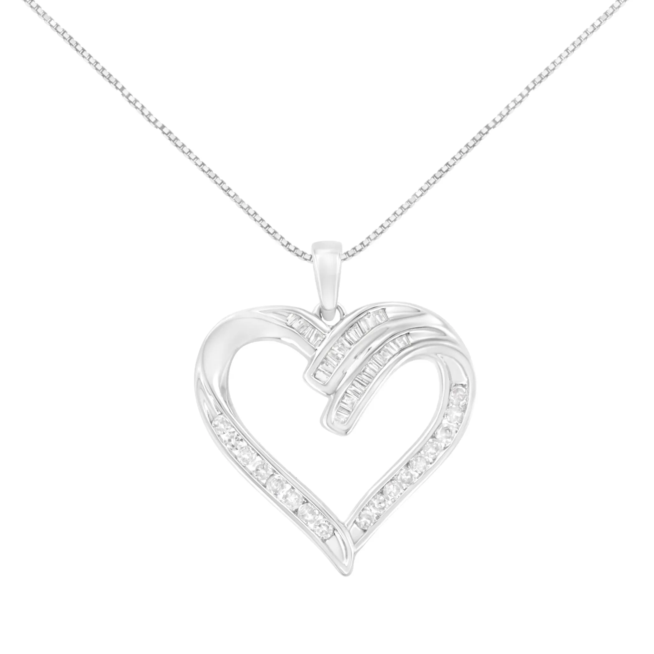 .925 Sterling Silver 1/2 Cttw Channel Set Round and Baguette Cut Diamond Open Heart 18" Pendant Necklace (I-J Color, I2-I3 Clarity)