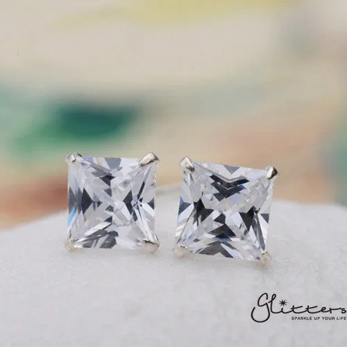 925 Sterling Silver Martini Stud Earring with Square Cubic Zirconia-3mm | 4mm | 5mm | 6mm