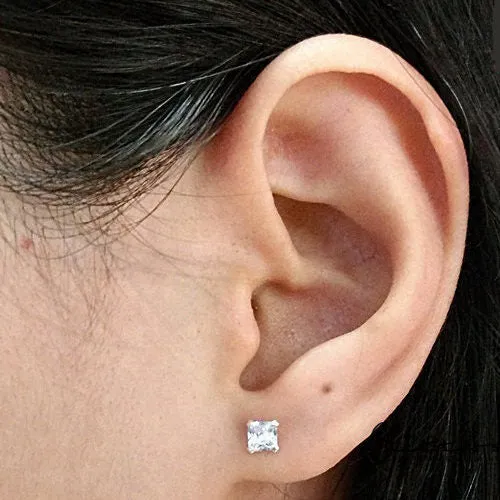 925 Sterling Silver Martini Stud Earring with Square Cubic Zirconia-3mm | 4mm | 5mm | 6mm